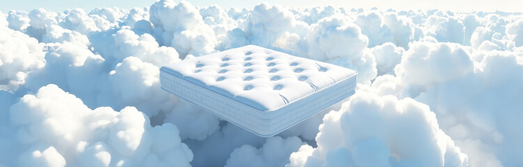Fototapeta premium White mattress among fluffy clouds. Comfortable and healthy sleep
