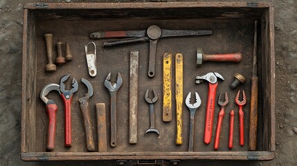 A Wooden Box Filled With Old Rusty Tools