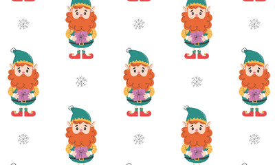 Seamless pattern with an elf in a hat and a long beard.