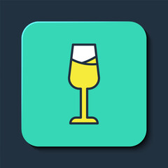 Filled outline Wine glass icon isolated on blue background. Wineglass sign. Turquoise square button. Vector