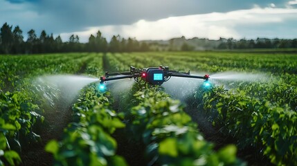Obraz premium Drone spraying crops in a vast agricultural field at sunset.