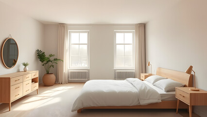 Minimalist bedroom with a soft neutral color palette, light wood furniture, and soft na