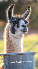 Obraz premium Curious llama observes water bucket in sunlit pasture