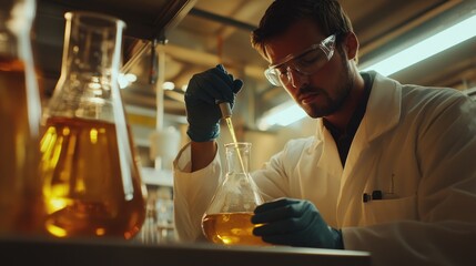 Scientist in lab coat using pipette, conducting experiment with yellow liquid in flask.