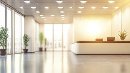 Modern office reception area with plants and natural light.