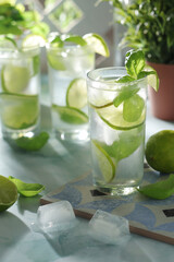 A glass with basil and lime lemonade