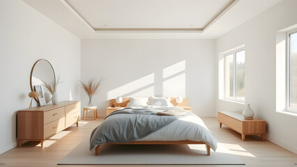 Minimalist bedroom with a soft neutral color palette, light wood furniture, and soft na