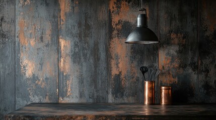 Dark and Moody Scene with Rugged Textures and Copper Accents in a Rustic Setting