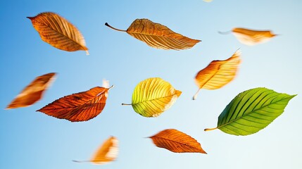A close-up of vibrant autumn leaves swirling in the air during a breezy day