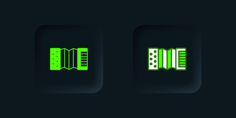 Green Musical instrument accordion icon isolated on black background. Classical bayan, harmonic. Black square button. Vector