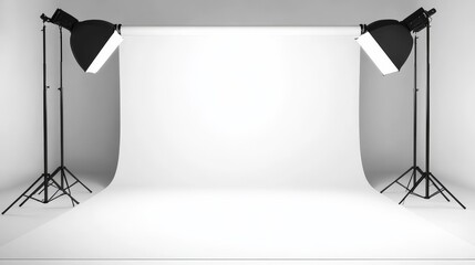 A minimalist photography studio setup with lights and a seamless backdrop for photo shoots.