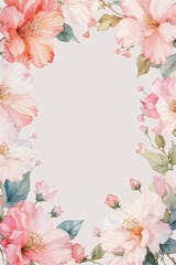 Fototapeta premium An illustration of a floral border featuring pink and peach flowers with green leaves, artistically designed to frame a blank space for creative use in invitations or decor.