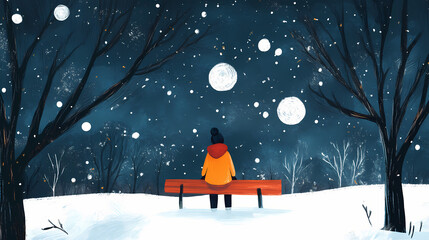 Long winter nights in cold weather, contemplating themes of introspection and seasonal change. Solitude. Illustration