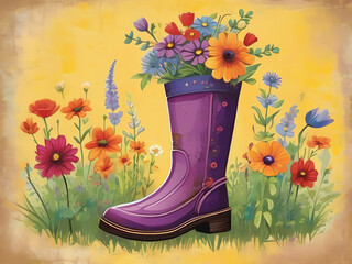 An illustration featuring a tall, weathered pink rubber boot decorated with vibrant, blooming flowers
