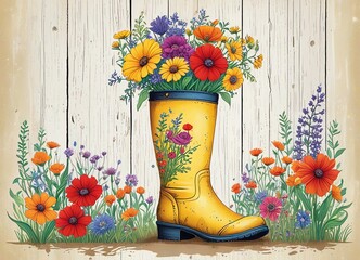 An illustration featuring a tall, weathered pink rubber boot decorated with vibrant, blooming flowers