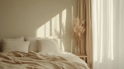 Sunlit bedroom with beige linens, pampas grass, and sheer curtains.