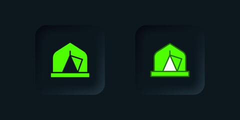 Green Tourist tent icon isolated on black background. Camping symbol. Black square button. Vector