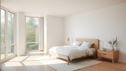 Minimalist bedroom with a soft neutral color palette, light wood furniture, and soft na