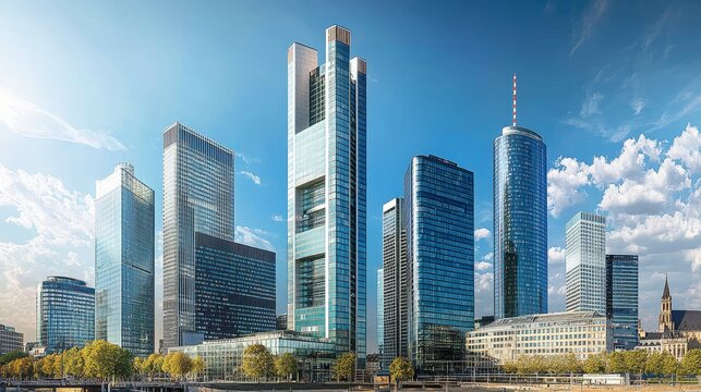 Modern skyline filled with high-rise office buildings towering against a clear blue sky.