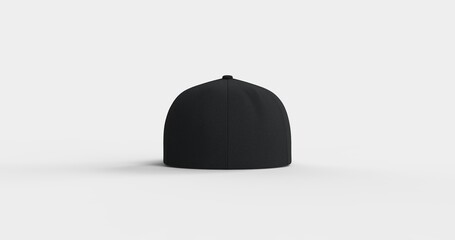 American-style black trucker cap with flat visor designed realistic 3D rendering. Natural textured fabric that mimics soft fleece Ideal for branding advertising or apparel design back view