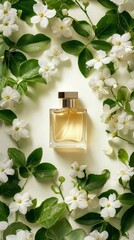 Elegant perfume bottle surrounded by white blossoms and green leaves on a light background