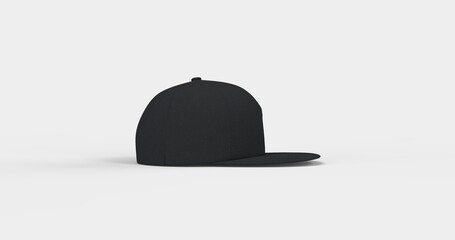 American-style black trucker cap with flat visor designed realistic 3D rendering. Natural textured fabric that mimics soft fleece Ideal for branding advertising or apparel design left view