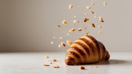 Freshly Baked Croissant with Flying Crumbs Ideal for Breakfast Inspiration.