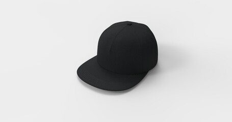 American-style black trucker cap with flat visor designed realistic 3D rendering. Natural textured fabric that mimics soft fleece Ideal for branding advertising or apparel design front right view