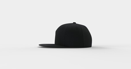 American-style black trucker cap with flat visor designed realistic 3D rendering. Natural textured fabric that mimics soft fleece Ideal for branding advertising or apparel design right view