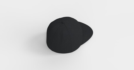 American-style black trucker cap with flat visor designed realistic 3D rendering. Natural textured fabric that mimics soft fleece Ideal for branding advertising or apparel design back left view