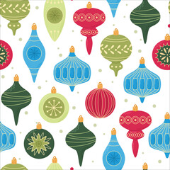 Christmas ornaments seamless pattern. Various Christmas tree decorations on white background. Vector design for wrapping paper, scrapbooking