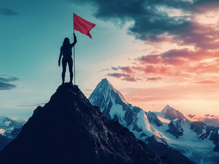 woman stands triumphantly atop mountain peak holding red flag, with stunning backdrop of snow capped mountains and vibrant