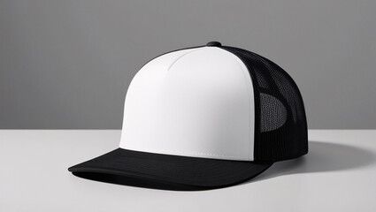 Fototapeta premium Modern Trucker Cap with White Front and Black Mesh Back,Simple Trucker Cap white front panel