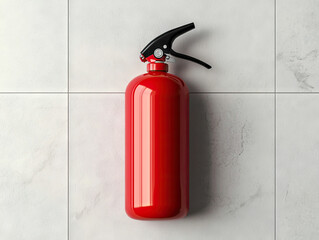 Obraz premium Red fire extinguisher mounted on white tiled wall, emphasizing safety and preparedness
