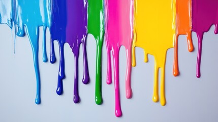 Fototapeta premium Vibrant rainbow paint dripping down a gray background.