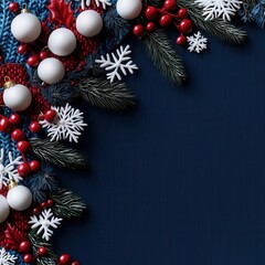 A festive arrangement featuring red berries, white ornaments, and snowflakes against a dark background, perfect for holiday decorations.