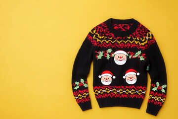 A festive black sweater adorned with cheerful Santa Claus designs and colorful patterns, set against a vibrant yellow background.