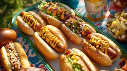 game day hot dog buffet, a festive arrangement of delicious hot dogs in buns with classic toppings, served on a football tray with drinks and party decor