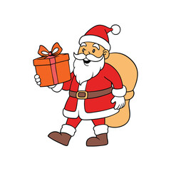 Merry Santa Claus Gives a Gift Box with Bow - Vector Design