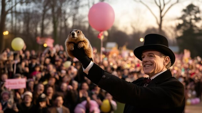 local groundhog celebration, annual celebration with small-town mayor raising a groundhog, as spectators wave banners and balloons in support