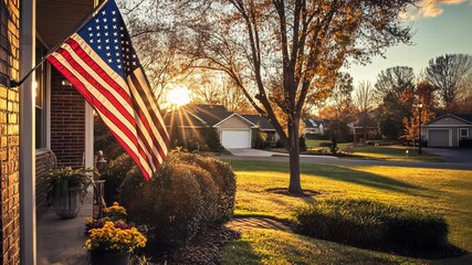 Suburban Home at Sunset with American Flag - Powered by Adobe