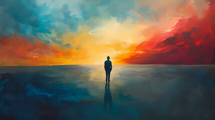 A solitary figure contemplates the horizon: abstract surrealist painting. Solitude. Illustration