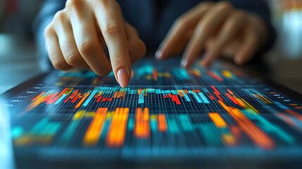 Naklejka premium A close-up of a professional pointing at detailed market charts on a tablet with analytical tools in the background