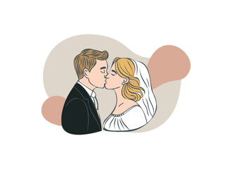 Romantic Wedding Couple Illustration: Bride and Groom Kiss