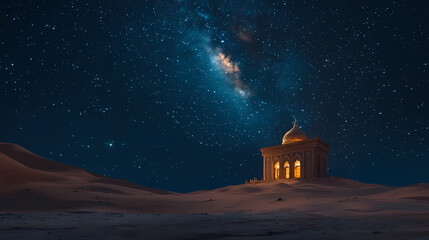 A tranquil desert night with a lone temple under the stars, symbolizing the solitude and peacefulness of religious reflection in vast open spaces. Solitude. Illustration