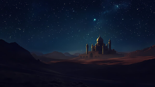 A tranquil desert night with a lone temple under the stars, symbolizing the solitude and peacefulness of religious reflection in vast open spaces. Solitude. Illustration