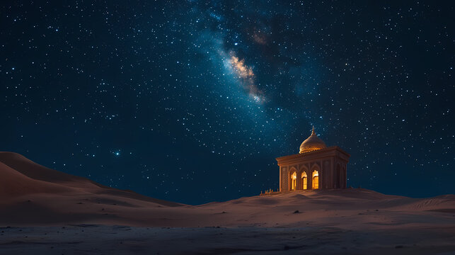 A tranquil desert night with a lone temple under the stars, symbolizing the solitude and peacefulness of religious reflection in vast open spaces. Solitude. Illustration
