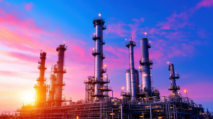 Obraz premium Stunning Sunset Over Modern Industrial Plant with Metallic Structures and Vibrant Colors in Sky for Energy and Manufacturing Themes