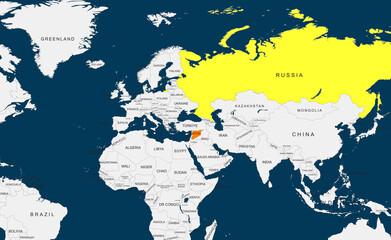 World Map Highlighting syria  and russia in Color