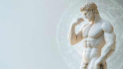 ancient-future fusion, a marble statue of an ancient greek stoic, juxtaposed against a cyberpunk backdrop, blending old wisdom with modern technology